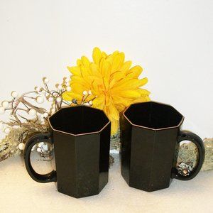 2 Vintage Arcoroc Black Glass Octogon Mugs Made in France Gold Rim